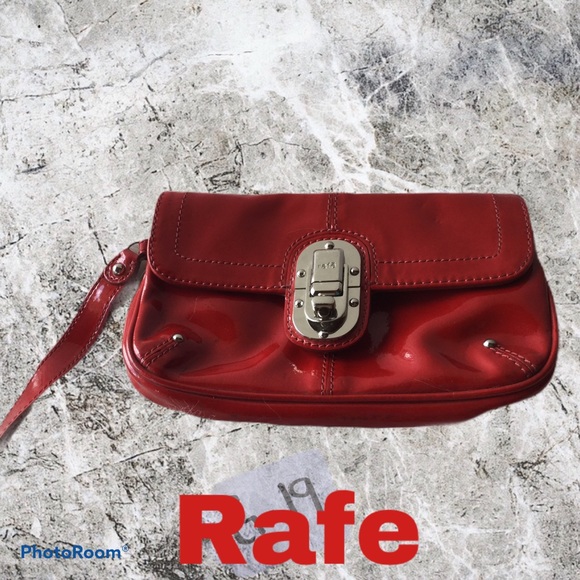 red patent clutch bag